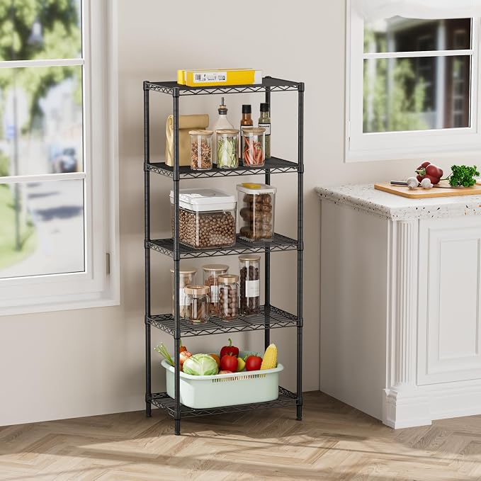 SINGAYE 5 Metal Shelves Wire Shelving Storage Shelf Adjustable Unit Pantry | 5 Tier Kitchen Laundry Room Organization Home Pantry Closet Bathroom Organizers Garage Rack 14" D x 24" W x 59.5" H Black
