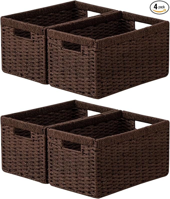 joybest Dark Brown Wicker Baskets for Shelves, 13.4L x 8.3W x 7.1H inch Hand-woven Storage Baskets for Pantry Organizing, Foldable Rectangular Bin with Handles, 4-pack