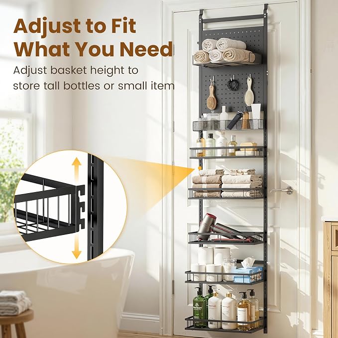 mustry Over The Door Organizer, Door Organizer Hanging with 2 PegBoards and 6 Adjustable Baskets, Back of Door Storage for Pantry, Bathroom, Laundry Room, Metal