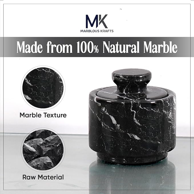 MARBLOUS KRAFTS Marble Salt Cellar 3" Black Zebra Stone salt dish, Sugar, Seasoning salt containers for Countertop, Modern salt holder with lid, Kitchen Spice Jar
