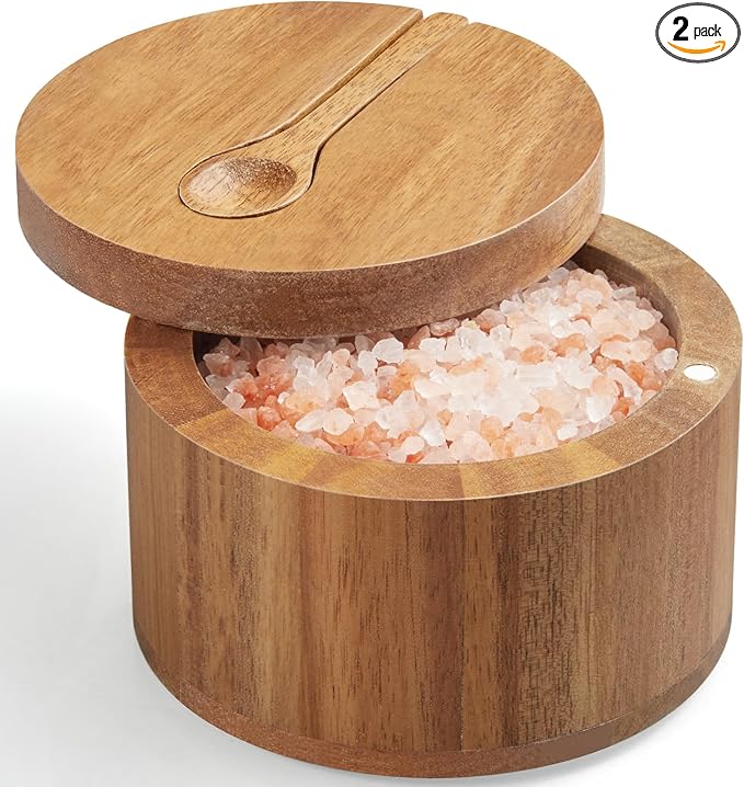 OUTNILI Salt Box Bowl with Lid and Spoon - Acacia Salt Cellar with 360° Swivel Lid - Salt Container Holder for Sea Salt Herbs or Favorite Seasonings, for Kitchen Decor and Accessories, 7 Ounces