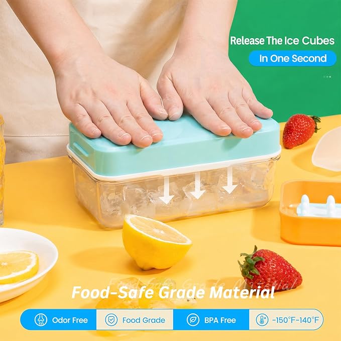 0.8“ Ice Cube Tray with Lid and Bin, PHINOX 28 Cubes Ice Trays for Freezer, Ice Cube Trays for Freezer with 1 tray, Container, Lid & Ice Scoop, BPA Free, Blue(28Cubes/Tier)