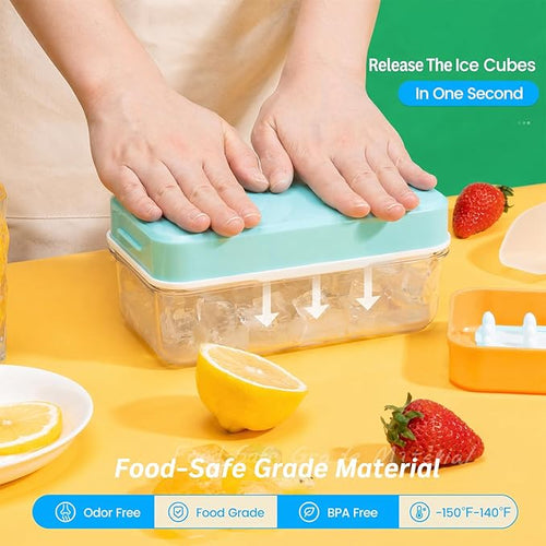 0.8“ Ice Cube Tray with Lid and Bin, PHINOX 28 Cubes Ice Trays for Freezer, Ice Cube Trays for Freezer with 1 tray, Container, Lid & Ice Scoop, BPA Free, Blue(28Cubes/Tier)