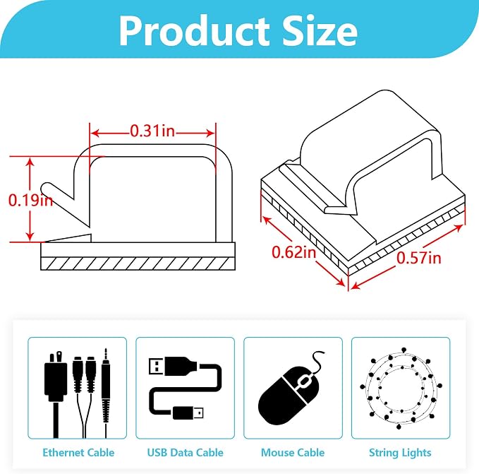 Abnii 100PCS Cable Clips, Adhesive Wire Clips Organizer Cord Clips Management, Cable Staples Outdoor Strong for Wall, Desk, Christmas Lights, String Lights, TV PC Ethernet Cable, Clear Small
