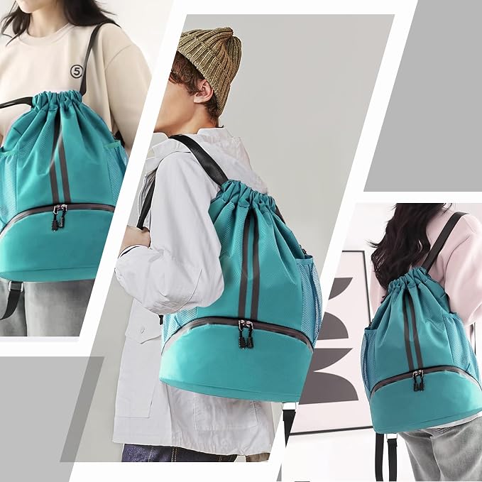 Hoedia Sports Drawstring Backpack - String Swim Gym Bag with Shoes Compartment and Wet Proof Pocket for Women/Men (Teal)