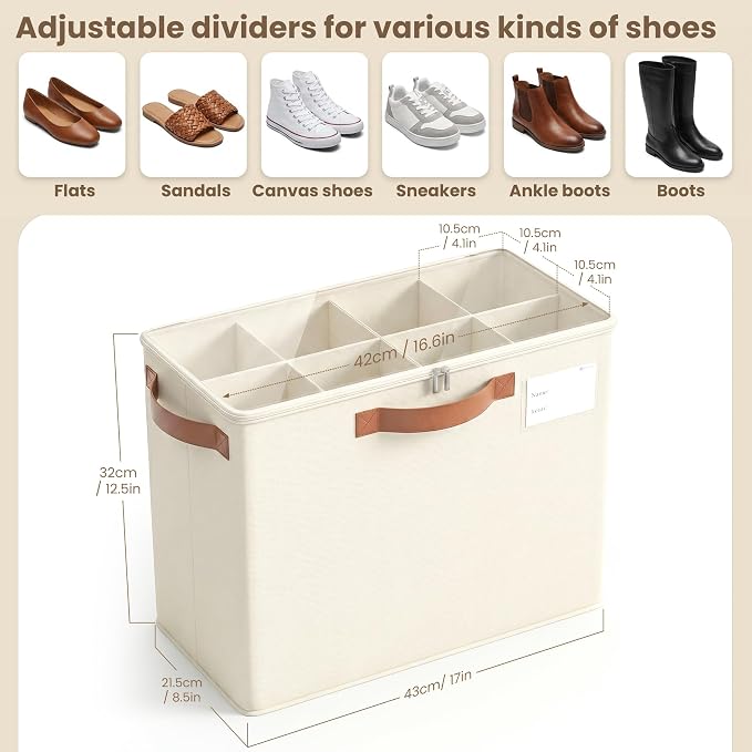 Varhomax Shoe Organizer Box for Closet, Small Fabric Storage Basket 3 Pack | Foldable Shoe Bin with Adjustable Dividers & Clear Cover, Saving Space Sneakers & Sandals Containersfor Entryway, Cubby