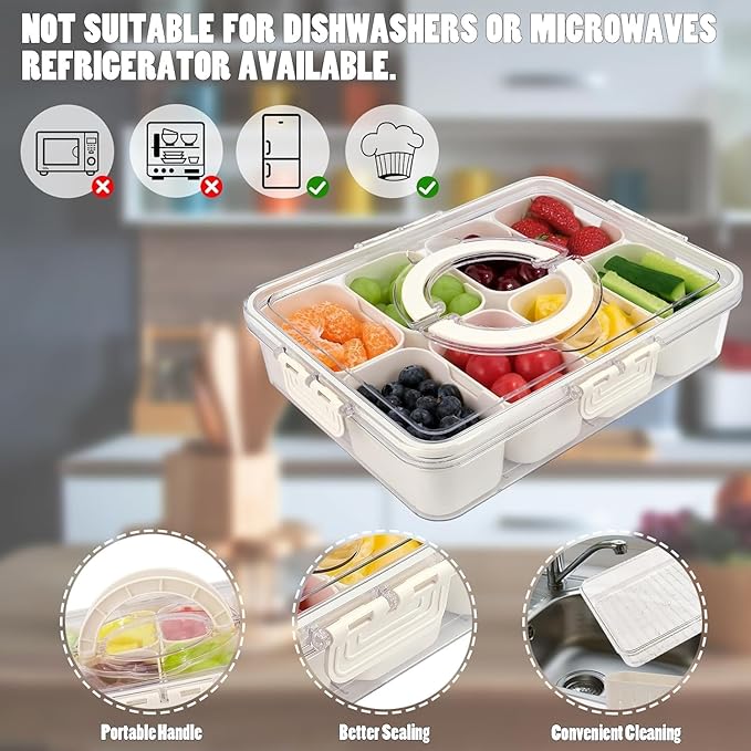 Divided Fridge Storage Box With 8 Serving Tray With Lid And Handle Refrigerator Food Storage Box Plastic 8 Compartment Fridge Container Storage Organiser Fruit Snack Storage (8 Grid)