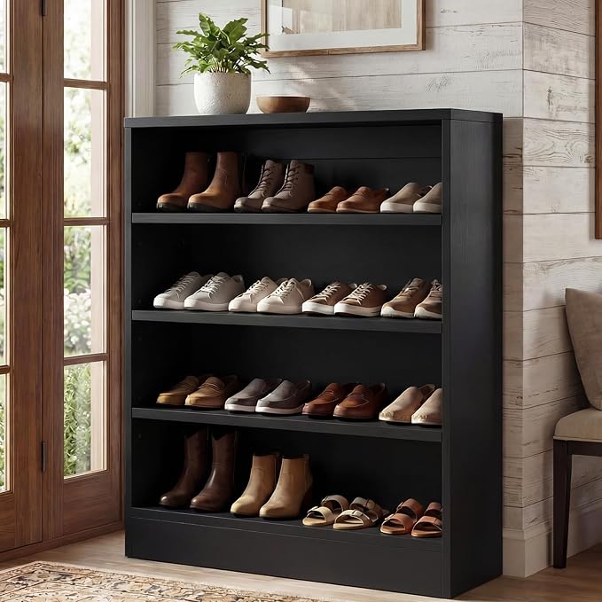 Homieasy Shoe Cabinet, 5-Tier Modern Wood Shoe Storage Organizer, Black | 3 Adjustable Shelves for Entryway, Multi-Purpose Display Shelf & Storage Cabinet for Living Room, Bedroom