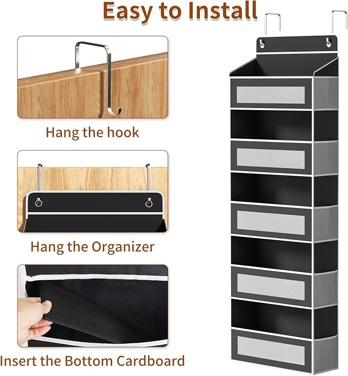 5-Tier Over The Door Organizer with 5 Large Pockets, Over the Door Storage 10 Side Pockets 44 lb Load Behind Door Storage, Door Organizer Hanging Shelf for Closet Bedroom Bathroom Nursery, Black