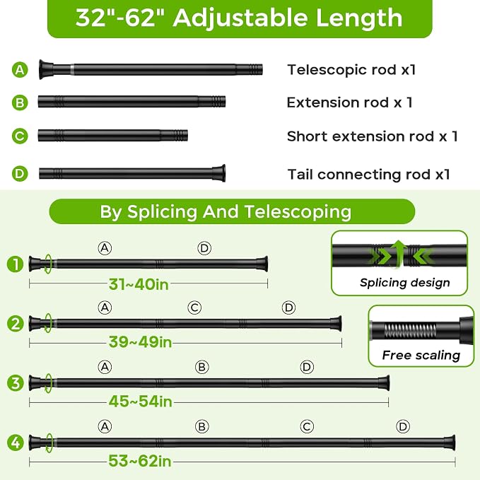 Black Shower Curtain Rod 32 to 62 Inches Adjustable, 7/8 Inch Diameter Heavy Duty Tension Curtain Rods No Drill, Rust-Resistant Tension Rod for Bathroom, 2 Pack