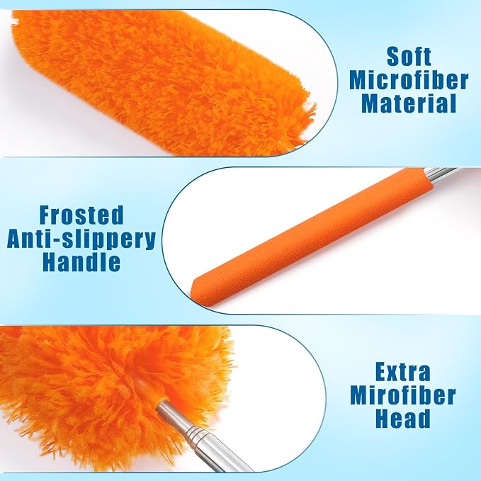 Tanlade 12 Pcs Microfiber Feather Duster for Cleaning, Extendable 13-31 Inch Ceiling Fan Duster with Bendable Head, Washable Tools for Ceiling Fans, Furniture, Car, Cobwebs (Orange)