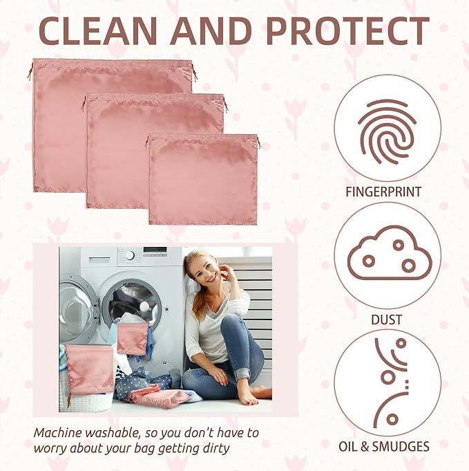 10 Pcs Dust Bags for Purses and Handbags Silk Dust Cover Bag for Handbags Purses Shoes Boots Silk Drawstring for Storage, 3 Sizes(Pink)