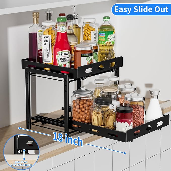Pull Out Spice Rack Organizer for Cabinet, 2 Tier Cabinet Spice Rack Organizer, Height Adjustable Vertical Spice Rack for Cabinet, Kitchen, Pantry, Cupboard (11.9''Wx10.8''Dx9.2''H, Metal Black)