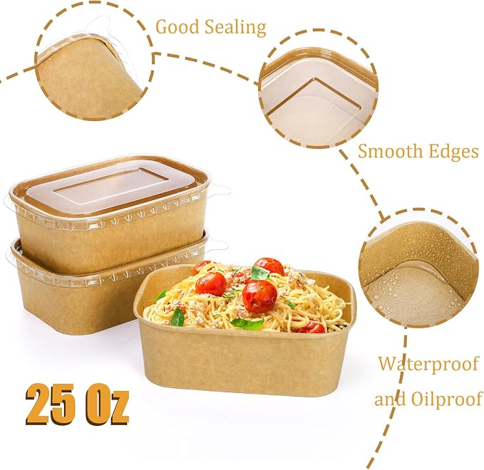 Yesland 50 Pack Compostable Rectangular Kraft Paper Bowls, 25 Oz, Microwave & Freezer Safe, Reusable, Perfect for Take-Out, Office Lunch, Picnic, 6.75 x 4.75 x 2.5 inches