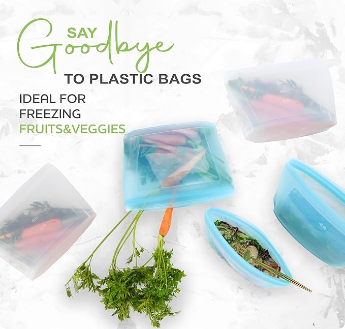 Zip Standing Reusable Silicone Food Storage Bag, Set of 6 White Stand Up Food Storage Container, Reusable Zipper seal bag, no lid required, for Food Storage& Meal Prep, Freezer Oven Dishwasher - Safe