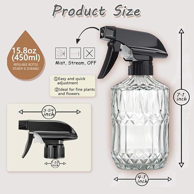 Clear Glass Handheld Spray Bottle, 2pack | 15oz Refillable Adjustable Nozzle Spray Bottle, Multi-Use Mist Sprayer for Plants, Hair, Cleaning, Gardening and Pet Care