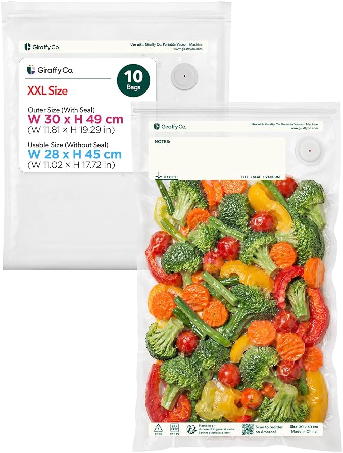 GIRAFFYCO 10 XXL Reusable Vacuum Sealer Bags, 13 x 19.3 in, Food Storage | BPA-Free Airtight Food Storage Bags with Detachable Valve for Handheld Vacuum Sealer, Freezer, Fridge, Marinated Meat & Fish