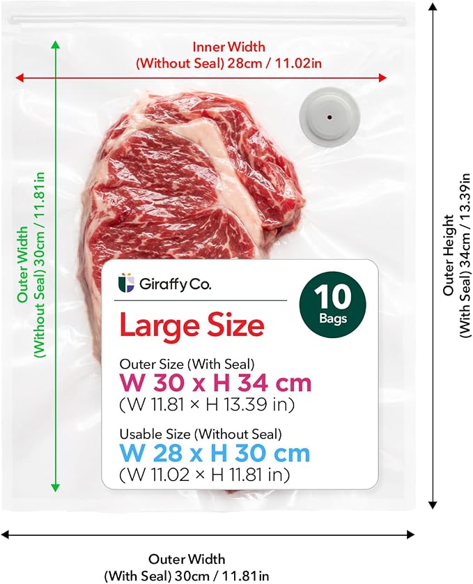 GIRAFFYCO 10 Large Reusable Vacuum Sealer Bags, 11.8 x 13.4 in, Airtight | BPA-Free Airtight Food Storage Bags with Detachable Valve for Handheld Vacuum Sealer, Freezer, Fridge, Meat & Fish