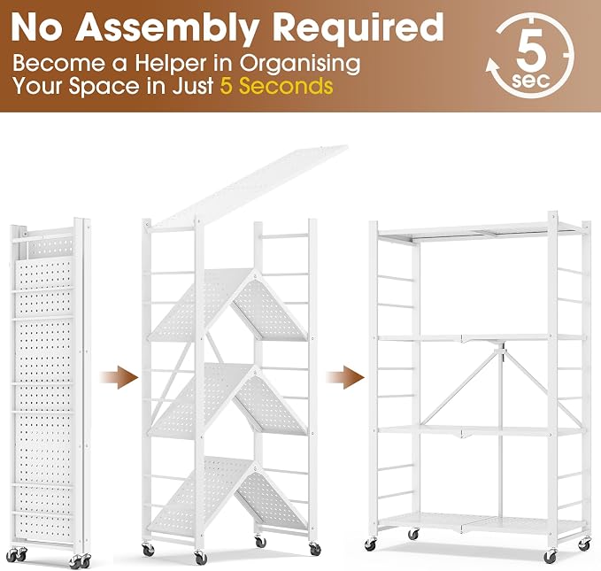 Fenbeli Foldable Shelves with Wheels - 4 Tier Folding Shelf, Collapsible No Assembly Metal Shelving Unit, Origami Storage Shelves & Rolling Storage Rack with 8 Hooks for Kitchen Pantry Garage