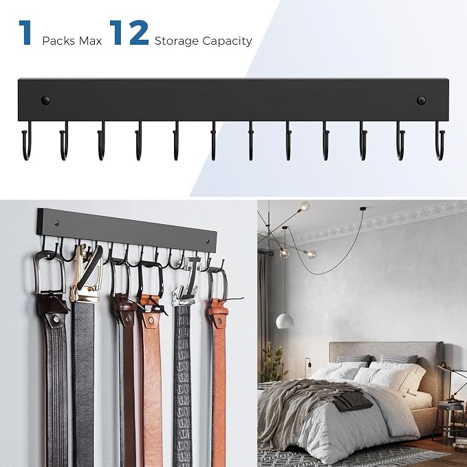 Belt Hanger Wall Mounted, Wooden Belt Organizer Max 12 Storage Capacity, 180° Rotating Space Saving Hangers for Ties, Tank Tops, Scarves, Bras, Keys, Bags 1 Pcs Black