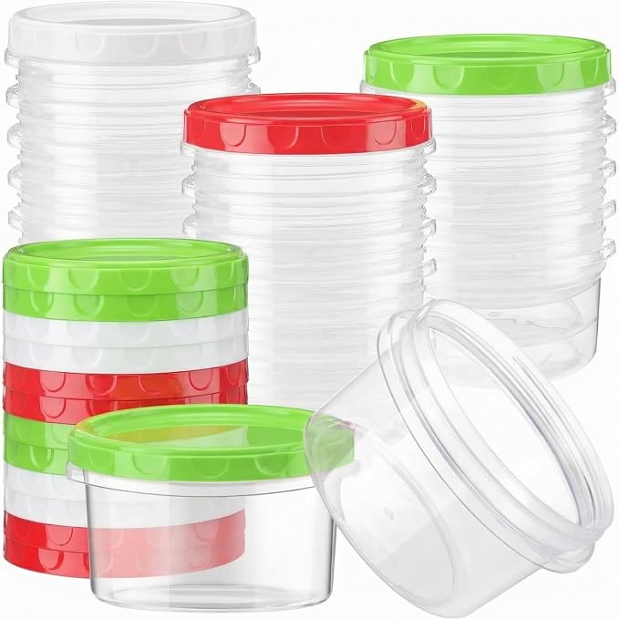Sieral 36 Pack 8 oz Freezer Containers with Lid Reusable Deli Freezer Storage Containers Stackable Plastic Ultra Thick Twist Top Jar for Takeout Food Round Wide Mouth Lunch Snack (Green,Red,White)