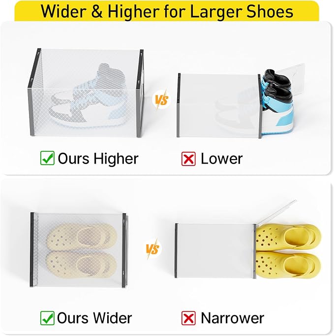 Kuject X-Large Shoe Storage Boxes with Activated Charcoal Packs for Closet | 12 Pack, Odor Absorber, Stackable, Fits Men 11 Women 12, Sneaker Organizer Display Case, Black
