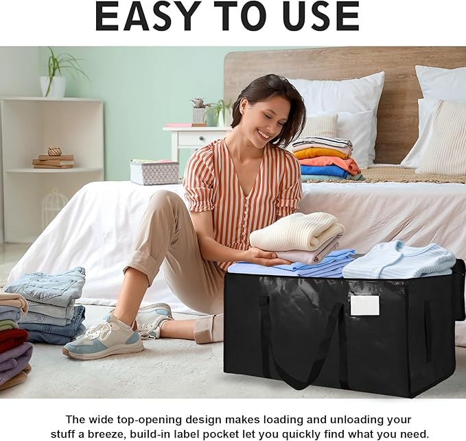 16 Pack-Extra Large Heavy Duty Moving Bags - Waterproof Storage Totes with Handles & Zippers, Foldable for College Dorm, Storage (Black)