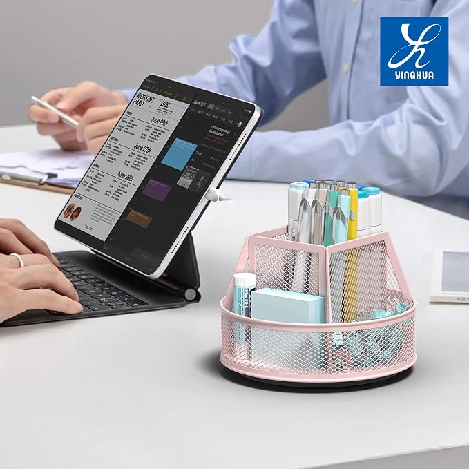 YINGHUA Metal Mesh Desk Organizer with 5 Compartments and Rotating Pencil Holder Pen and Stationery Organizer for Office Home School Anti Slip Base Pink