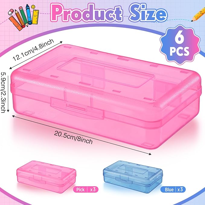 Blulu 6 Pack Large Plastic Pencil Case Box Clear Pencil Boxes Bulk Hard Crayon Box Storage with Snap Lids 8.1 x 4.7 x 2.2 Inch Painting Organizer Classroom Stationery School Supplies (Pink Blue)