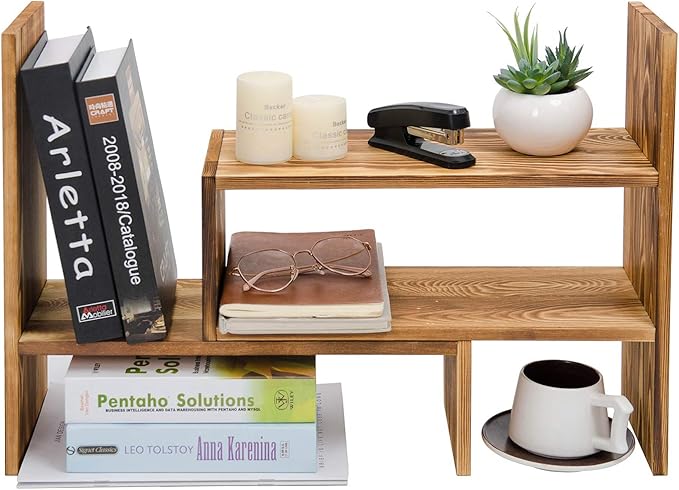 Adjustable Extendable Natural Wood Desktop Organizer Caddy Desk Organizer Countertop Shelf Bookcase Display Stand Rack Expandable Storage Office Home (Dark Brown)
