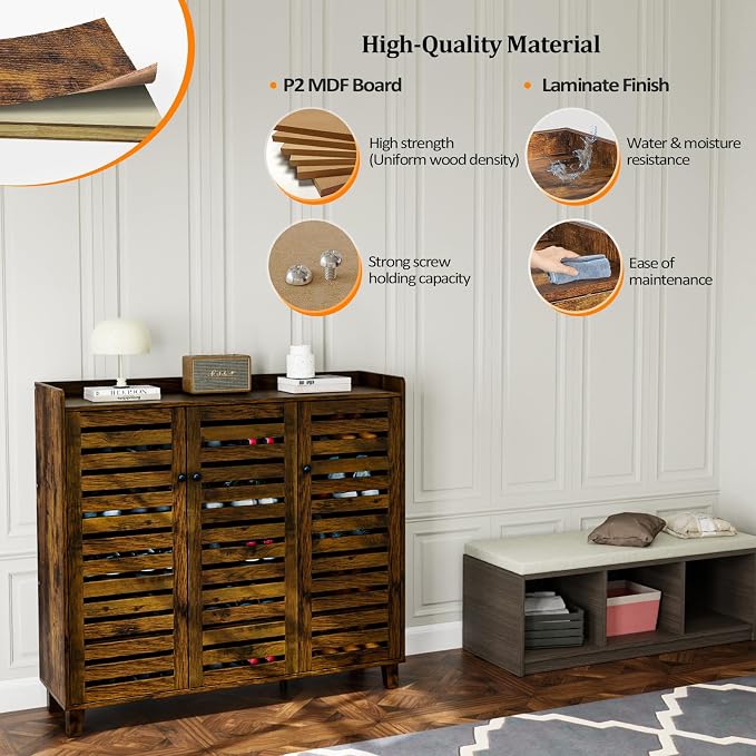 VINGLI Large Shoe Cabinet with 3 Doors 6-Tier Ultra Wide Shoe Cabinet Storage for Entryway 30 Pairs Tall Shoe Organizer Cabinet Wooden Farmhouse Shoe Rack Cabinet Rustic Brown