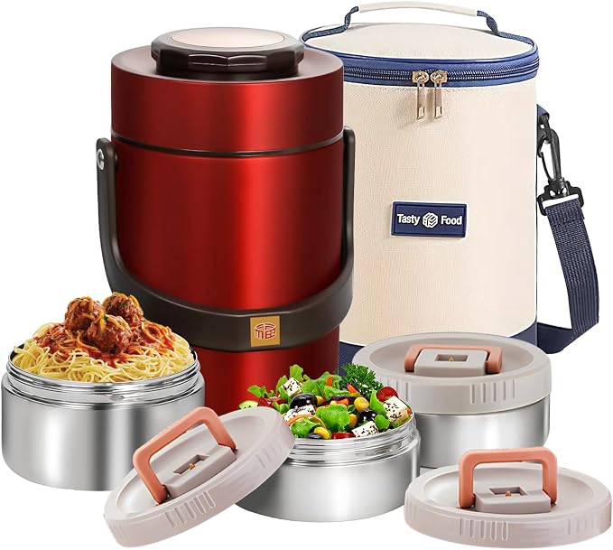 67 oz Adults Stainless Steel Vacuum Insulated Wide Mouth Soup Food Thermo Hot Food Jar with Keep Thermal Portable 3 Tier Stackable Bento Hot Food Containers Lunch Boxes (67 oz Red)
