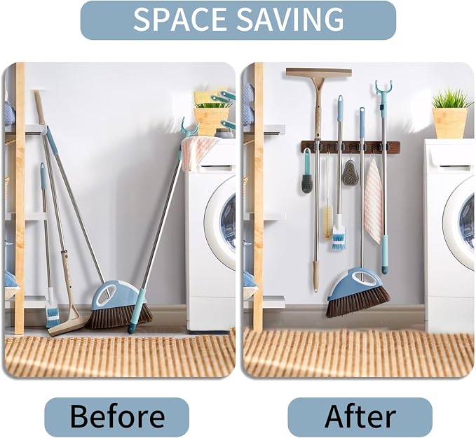 Right Pull Out Mop and Broom Holder, Rustic Wood Broom Hanger with 4 Slots and 4 Hooks for Home Décor, Kitchen, Laundry Room and Closet, Broom and Mop Organizer Wall Mount for Garage Organize