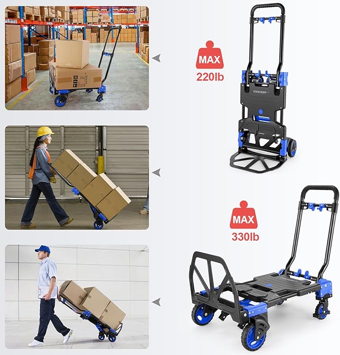 330LB Folding Hand Truck Heavy Duty Carrying, Combination of Four Wheels and Two Wheels Convertible Dolly Cart with Retractable Handle Dolly for Moving Office Carts(Blue)