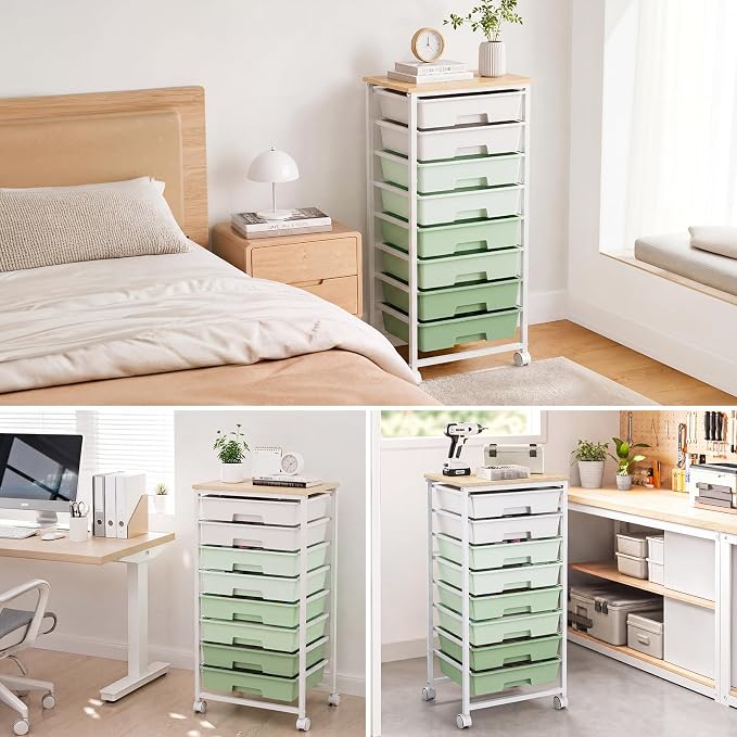 LEHOM Rolling Storage Cart with 8 Drawers, Utility Cart on Wheels with Metal Frame and Wooden Tabletop for Living Room Bedroom Dorm, Office Storage & Art Supply Craft Organizer for Classroom, Green