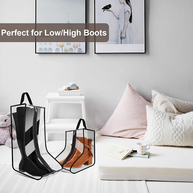 CiBiZi 2Pack Black Boot Bags Organizer for Travel Waterproof Cowboy Boots Bag Portable Shoe Travel Bag for Women Hangable Ski Boot Bag Dust-free Tall Boot Storage Bag （Clear ）