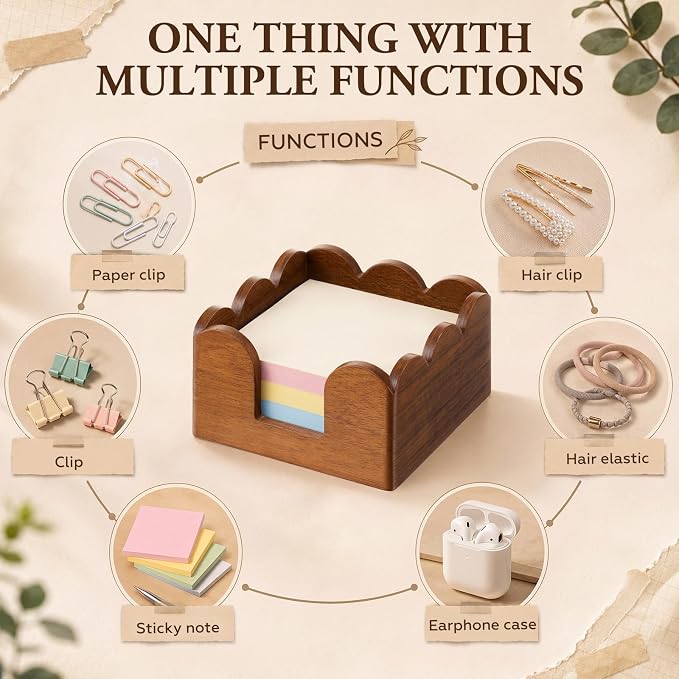 AceOrbit Scalloped Wooden Sticky Note Holder, 3x3 Inch Cute Notepad Holder Sticky Note Dispenser with Wave Design, Thick Desk Organizer for Office, Home, Dorm, Classroom Desk