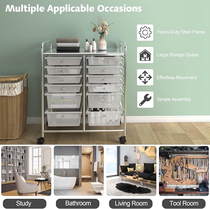 DREAMADE Rolling Cart with Storage Drawers, Utility Cart with Removable Plastic Drawers, Lockable Wheels, Art Cart for Classroom Organization Art Supplies Office Scrapbook (12 Drawers, Transparent)