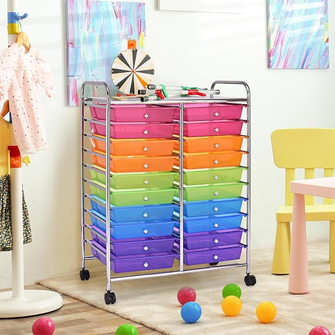 DREAMADE Rolling Cart with Storage Drawers, Utility Cart with Removable Plastic Drawers, Lockable Wheels, Art Cart for Classroom Organization Art Supplies Office Scrapbook (20 Drawers, Rainbow)