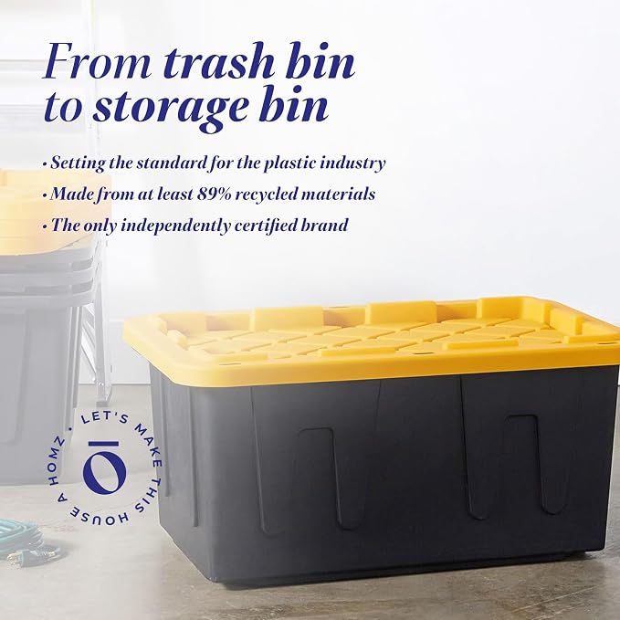 HOMZ 15 Gallon Durabilt Storage Bins, Pack of 2 Heavy Duty Plastic Containers, Secure Snap Lids, 6 Hasp Areas for Tie-Down Straps or Locks, Stackable, Nestable, Organizing Totes | Heavy-Duty Large Stackable Container Boxes for Home, Attic, and Garage O...