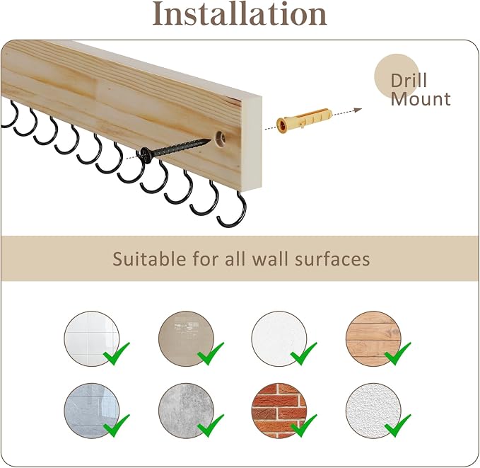 Lolalet Wooden Necklace Holder for Wall with 15 Hooks -Nature | Wall Mount Jewelry Hangers for Necklaces, Chains, Bracelets and Earrings, Tangle-free, Easy to Install