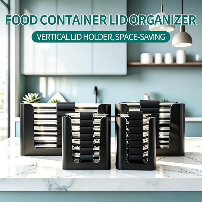 Food Storage Container Lids Organizer for Rubbermaid Brilliance Nap-On Lids,Stackable Food Storage Container Lid Organizer--Fits 0.5, 1.3, 3.2, 4.7 & 9.6 Cups--Holds 32 Lids(Black,4-Piece Bundle)