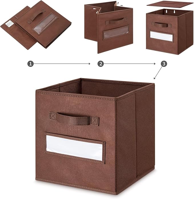 13x13x13 Storage cube bins(Set of 8) Fabric storage cubes with 8 Labels Window Cards & a Pen, Storage cubes 13x13, Collapsible 13 inch Cube storage bins, Cubby Organizer Boxes, Brown