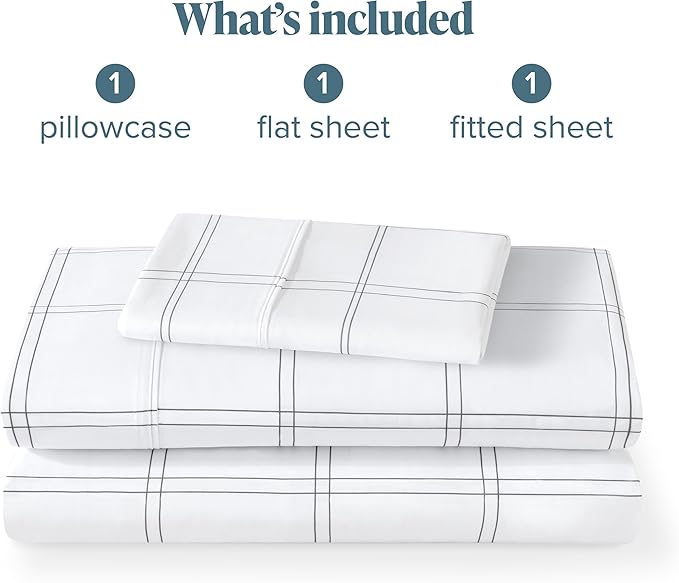Bare Home Twin Sheet Set - 1800 Ultra-Soft Microfiber Bed Sheets - Deep Pockets - Easy Fit - Extra Soft - 3 Piece Set - Bedding Sheets & Pillowcases (Twin, Modern Plaid - White/Grey)
