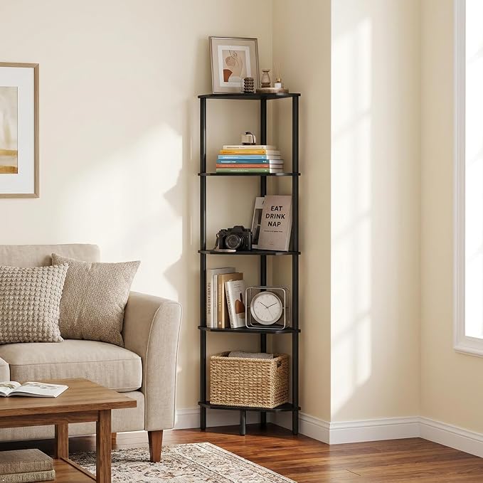 5-Tier Black Corner Shelf, Bamboo Corner Bookshelf, Indoor Plant Shelf, Kitchen Free Standing Shelf Storage Organizer, Tall Narrow Bookcase for Small Spaces, Bedroom, Living Room, Office