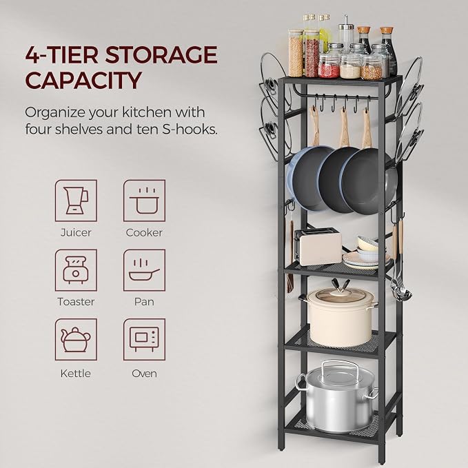 MAHANCRIS 4-Tier Pot Rack, Pots and Pans Organizer for Kitchen Corner, Kitchen Storage Rack with U-Shaped Lid Holders, Freestanding Cookware Stand, Black POBK3001