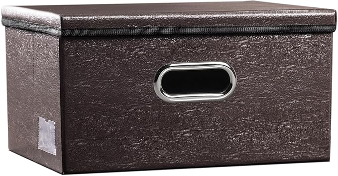 PRANDOM Collapsible Storage Box with Lid [1-Pack] Leather Fabric Foldable Storage Bin Organizer Container Basket Cube with Cover for Home Bedroom Closet Office Nursery Brown (13.6x9.6x6.9)