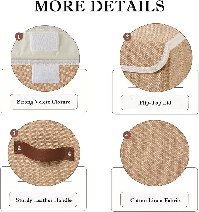 2PCS Collapsible Storage Boxes Baskets with Lid Cotton Linen Fabric Storage Bins with Faux Leather Handles Washable Cube Organizer Container for Home Closet Bedroom (Linen, Small Size)