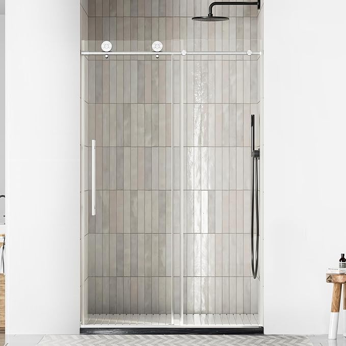 WinZo Frameless Sliding Shower Door 44-48 in W x 76 in H, Bathroom Shower Door with 5/16"(8mm) Clear Tempered Glass Shower Door, Silent Soft-Close Design, Brushed Nickel