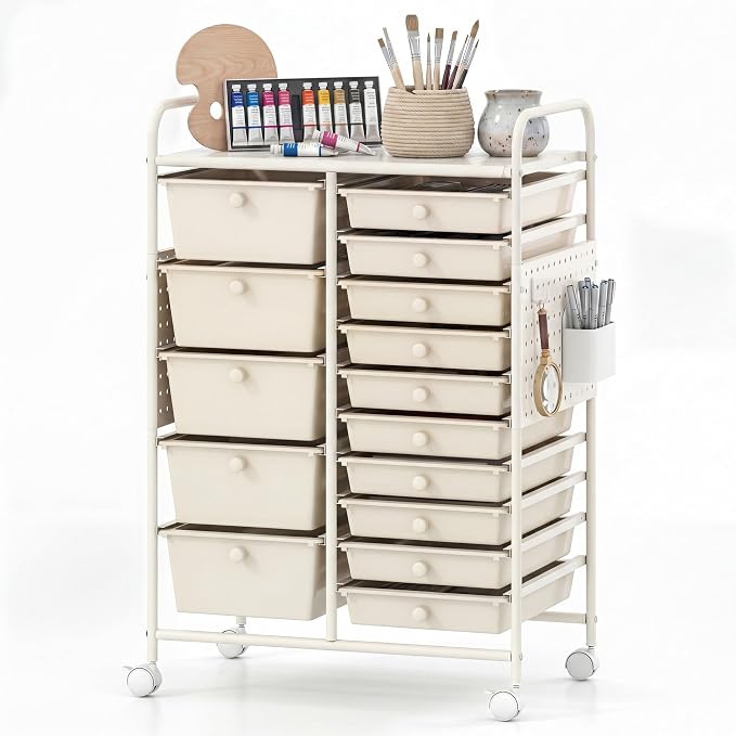DREAMADE 15-Drawer Rolling Storage Cart, Craft Organizer Cart, White | Mobile Utility Cart with Metal Pegboard Panels, Tabletop and Lockable Wheels for Classroom, Office, Studio and Playroom
